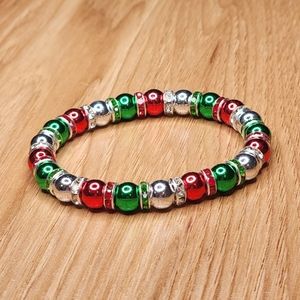 Christmas Beaded Stretch Bracelet Handmade Metallic Finish Red, Green & Silver